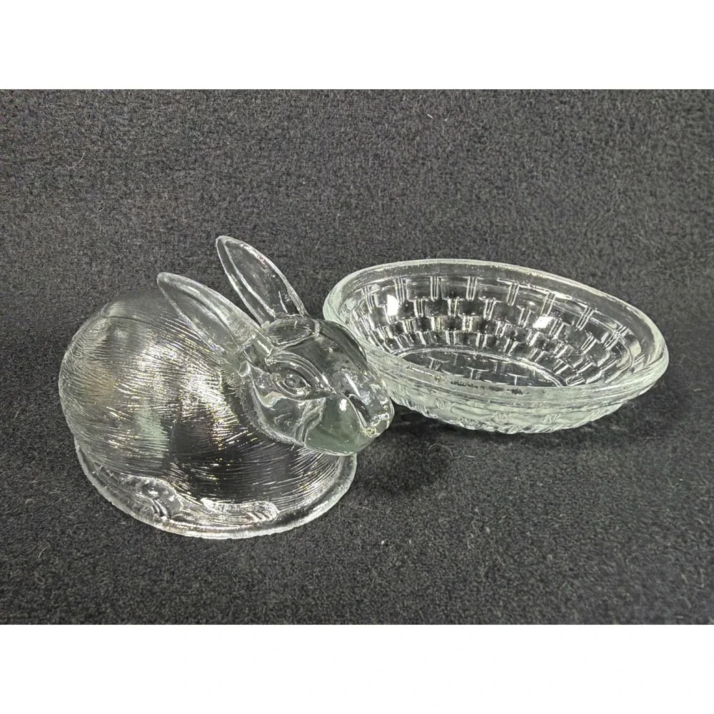 Vintage Clear Pressed Glass Bunny Rabbit on Nest Trinket Dish Easter Candy Box